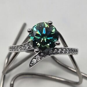 New 2ct Blue Green Moissanite Ring 8mm Round Brilliant GRA Certified Sz 6-12
